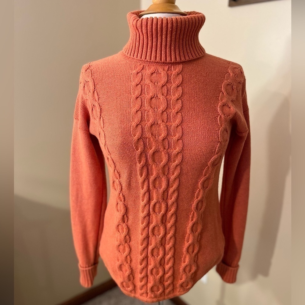L.L. Bean Orange Cotton Cable Knit Turtleneck Sweater Sz XS